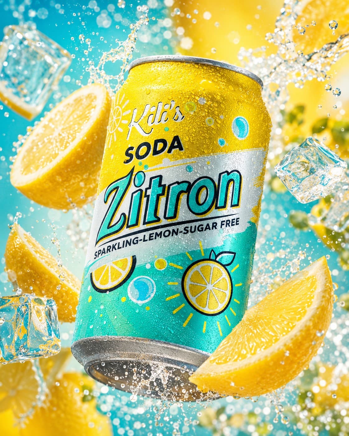 A can of Killian's Soda Zitron sparkling lemon soda surrounded by lemon slices, ice cubes and splashing water
